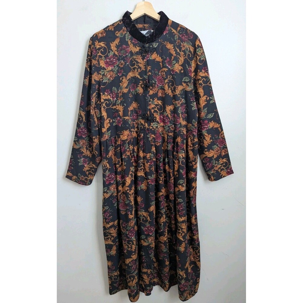 Vtg 80s 90s Rayon Midi Dress High  Velvet Collar Dark Academia Romantic L XL